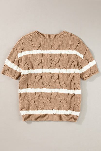 Striped Cable Short Sleeve Sweater | Dark Khaki