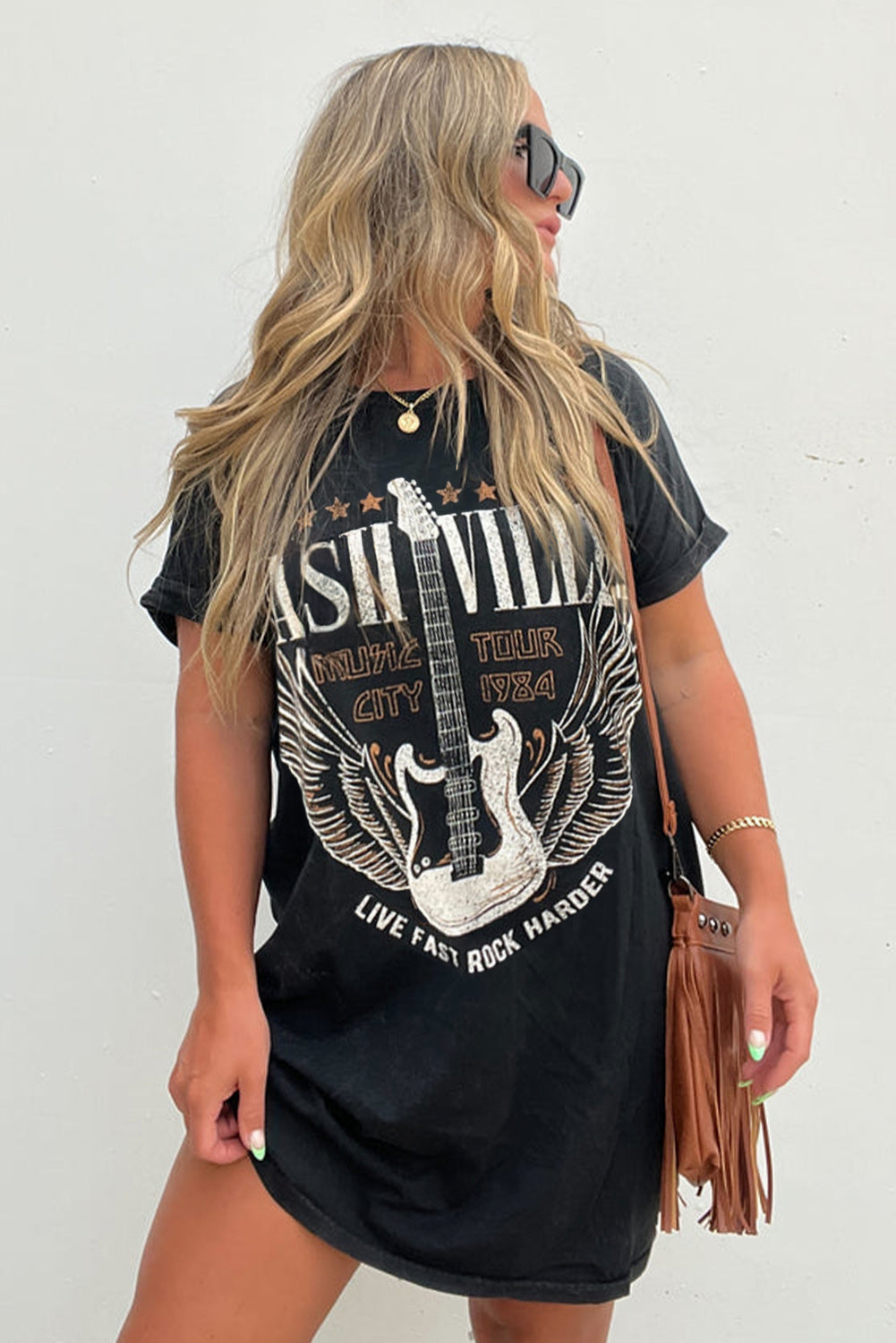 Nashville Guitar Print Crew Neck T Shirt Mini Dress | Black