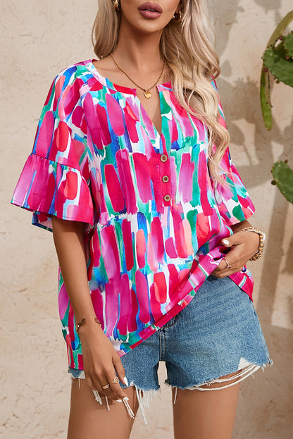 Abstract Brushwork Print Buttoned V Neck Blouse | Rose