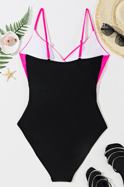 Crossover Colourblock Cutout One Piece Swimsuit | Rose Red