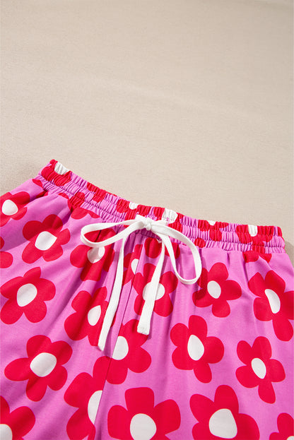 Flower Print Long Sleeve Shirt Shorts Pajamas Set | Pink