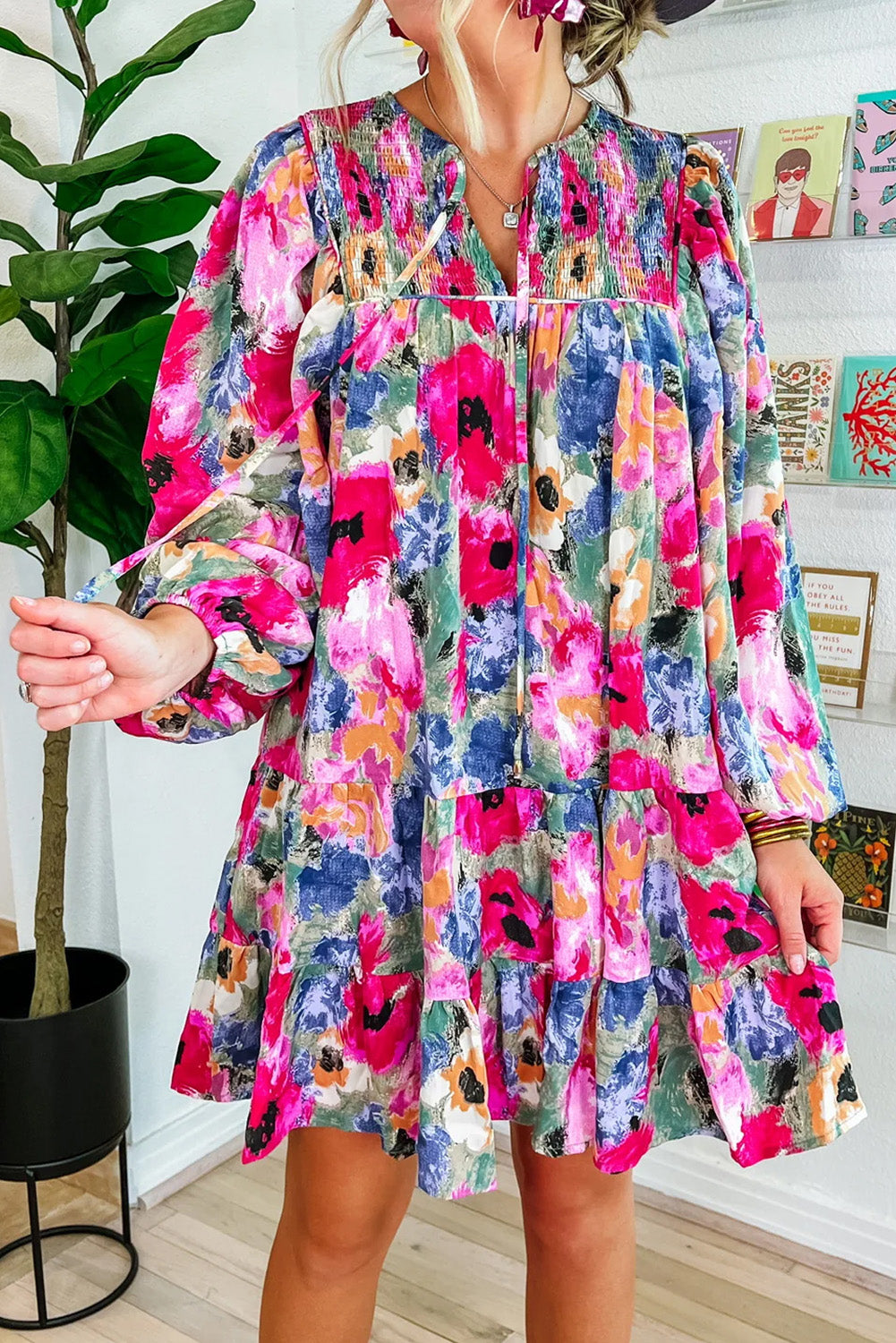 Floral Tie Neck Bubble Sleeve Shift Dress | Multicolour