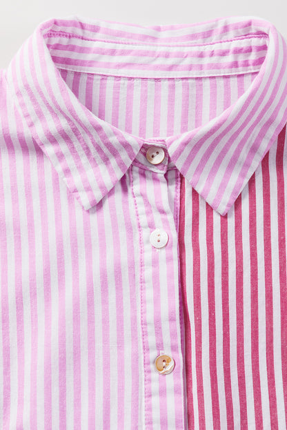 Striped Patchwork Ruffled Hem Button Up Shirt | Pink Stripe