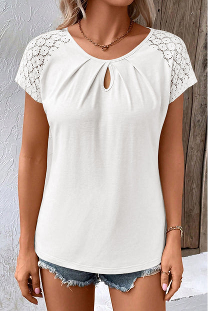 Contrast Lace Sleeve Keyhole Decor Top | White