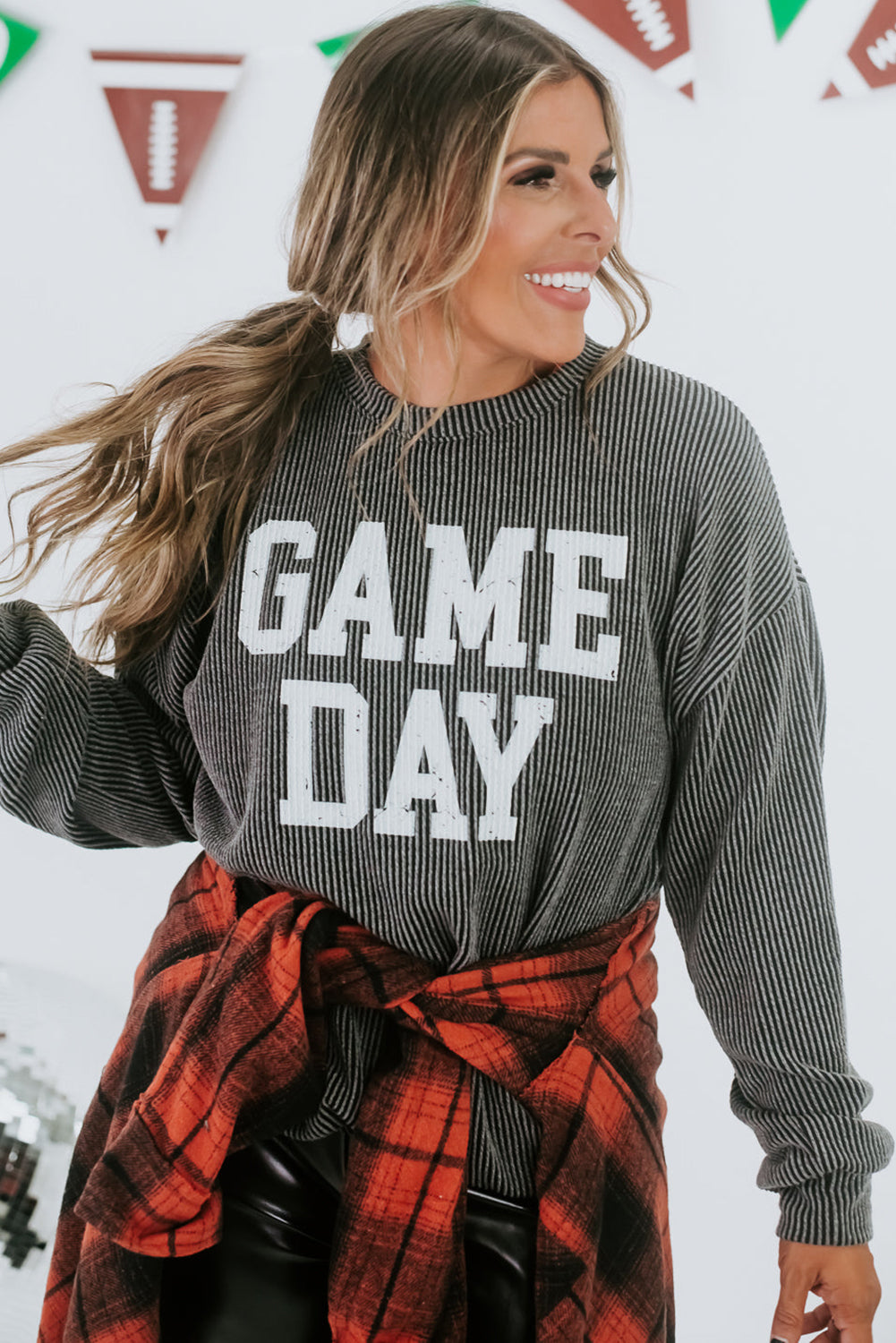 Corded Game Day Graphic Long Sleeve Crewneck Top | Dark Grey