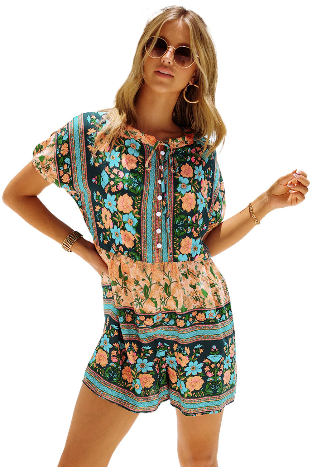 Spring Floral Buttons Short Sleeve Romper | Multicolour