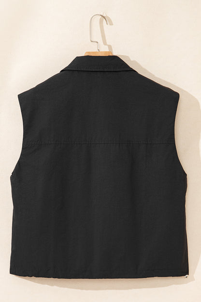 Flap Pockets Zip Up High Neck Vest | Black