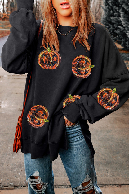 Sequined Jack O Lantern Split Hem Baggy Sweatshirt | Black