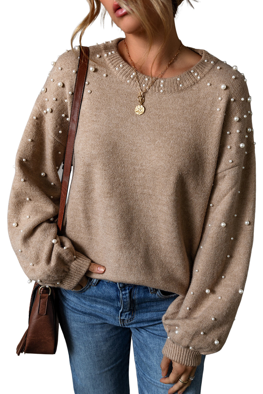 Pearled Drop Shoulder Round Neck Sweater | Smoke Gray