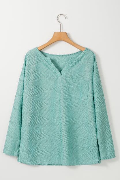 Textured Split Neck Long Sleeve Top | Green