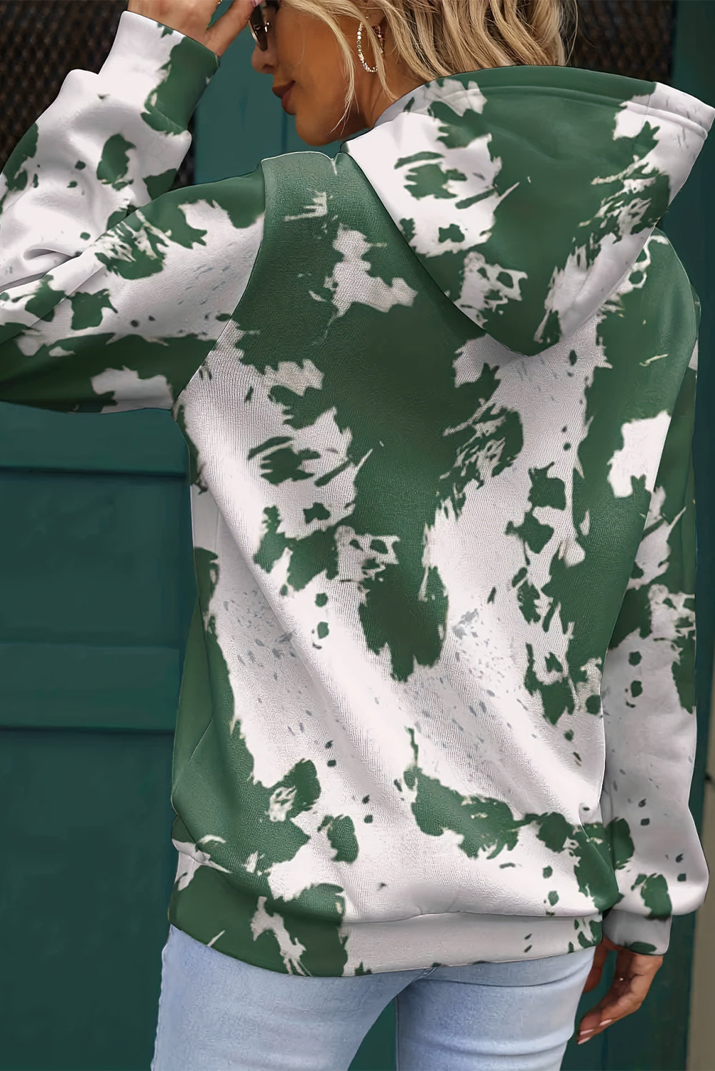 Tie Dye Print Kangaroo Pocket Loose Hoodie | Green