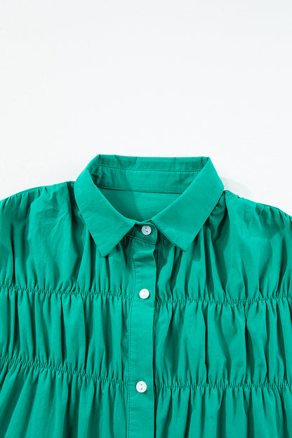 Shirred Ruffle Sleeve Button Up Short Dress | Bright Green