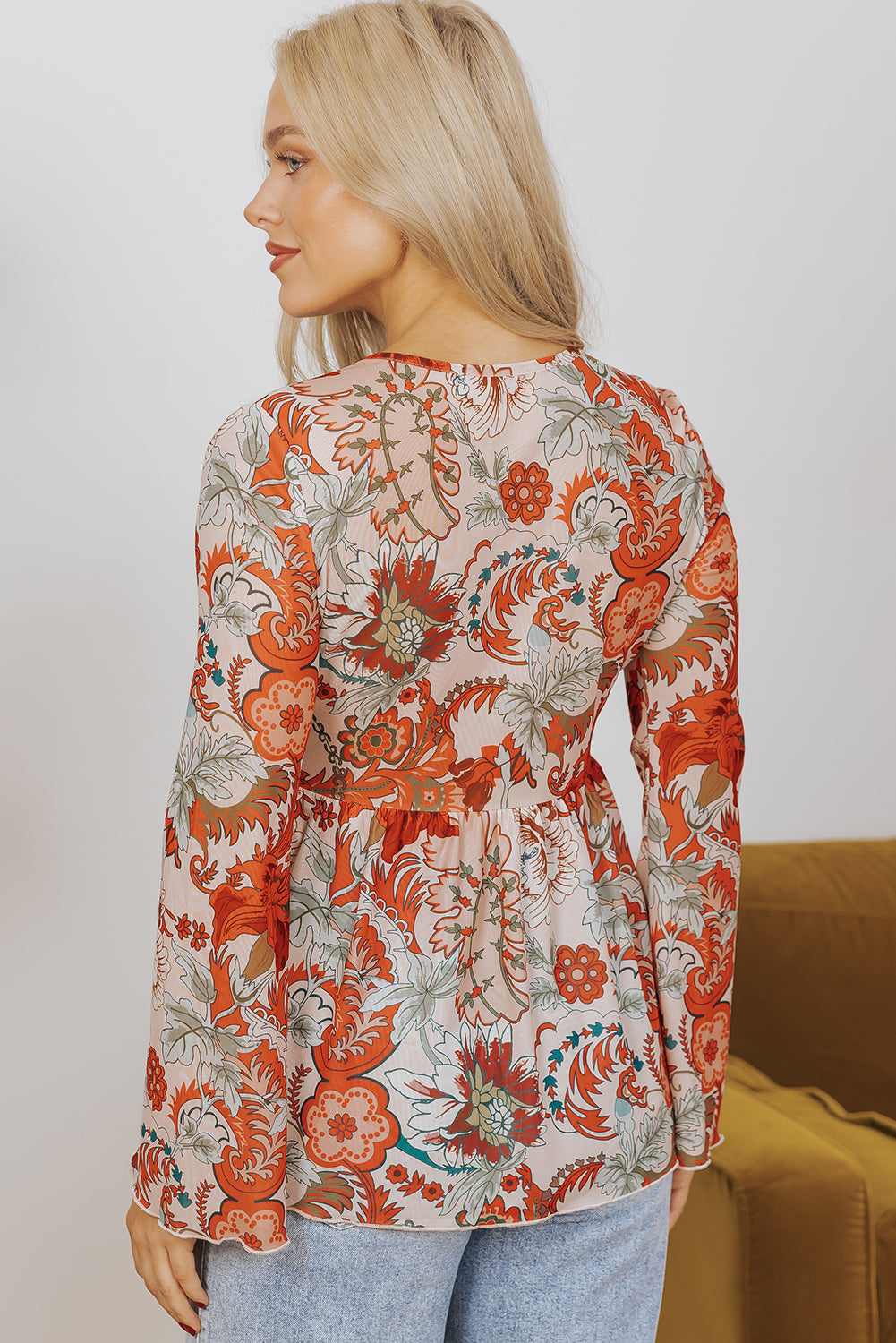 Floral Print Deep V Neck Knot Bell Sleeve Blouse | Orange