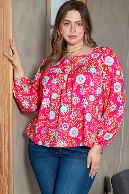 Pink Plus Size Square Neck Floral Blouse | Strawberry Pink