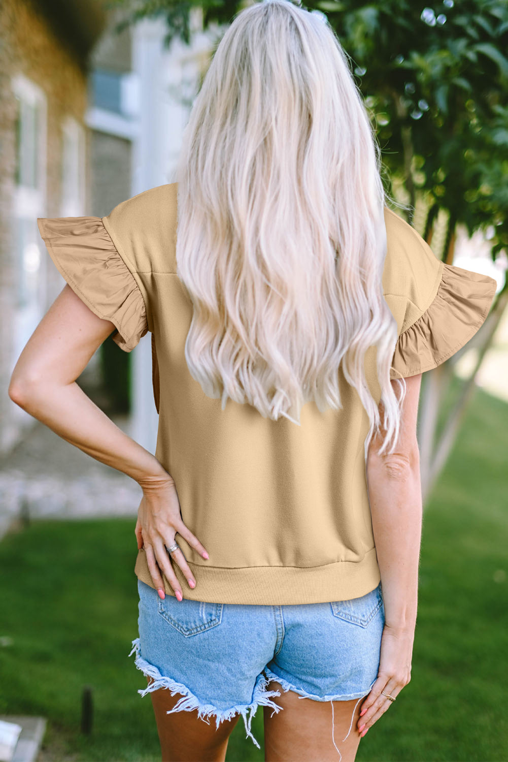 Two Tones Ribbon Bow Ruffle Sleeve Top | Parchment