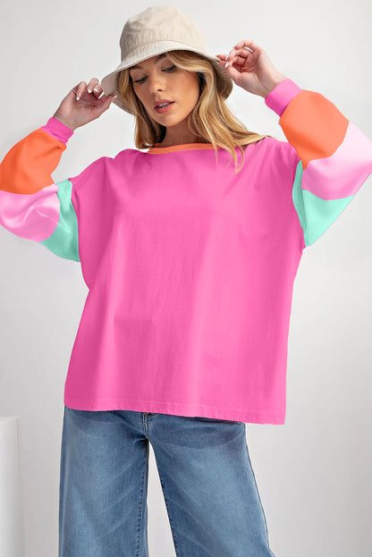 Colourblock Patchwork Long Sleeve Loose Top | Rose Red