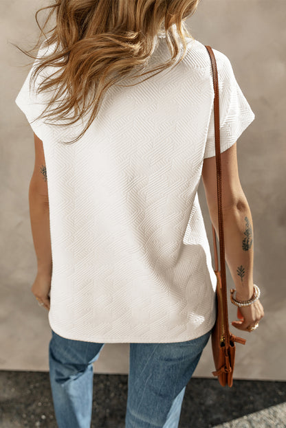 Textured V Neck Collared Short Sleeve Top | White