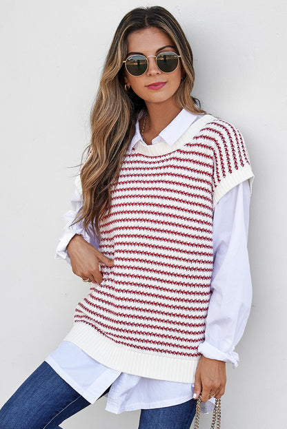 Ribbed Trim Loose Fit Knitted Sweater Vest | Red Stripe