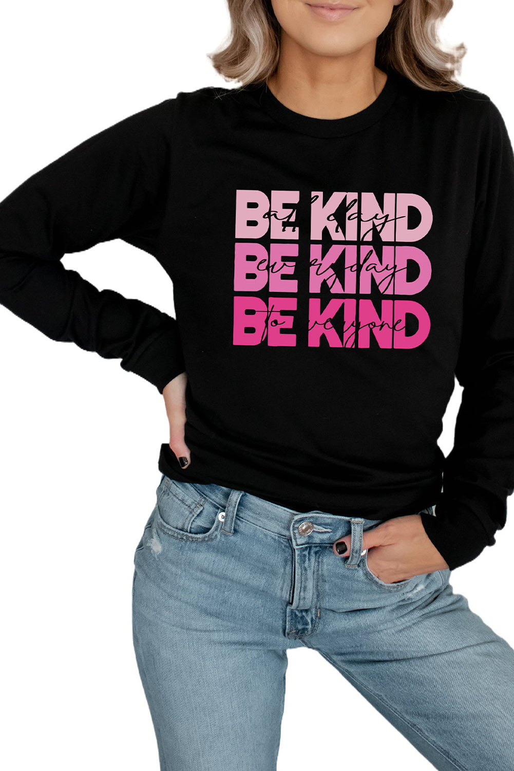 Be Kind Letter Print Crew Neck Pullover Sweatshirt | Black