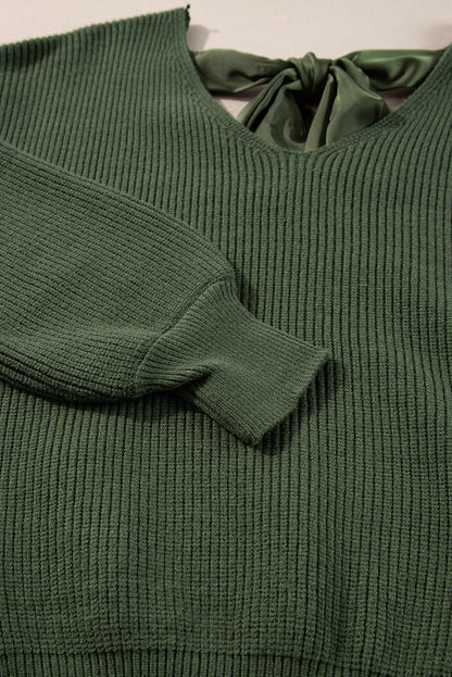 Lantern Sleeve V Neck Knot Back Sweater | Jungle Green