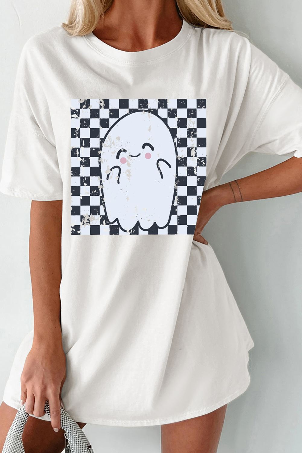 Checkered Ghost Print Crew Neck Oversized T Shirt | White