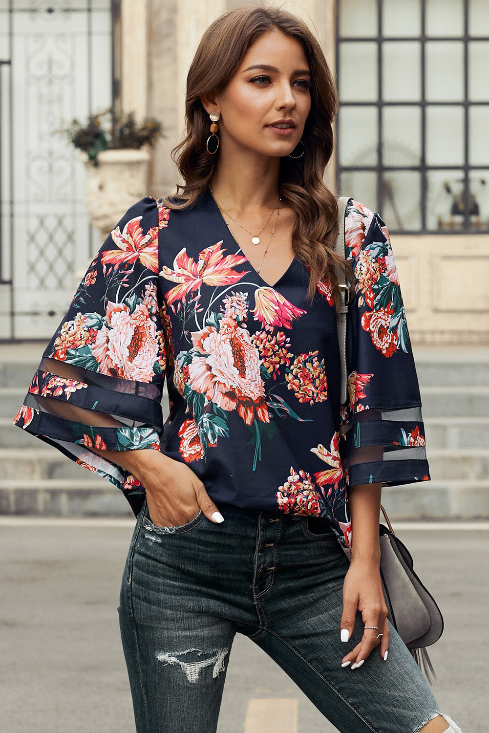 Fiery  3/4 Flared Sleeve Floral Blouse | Red