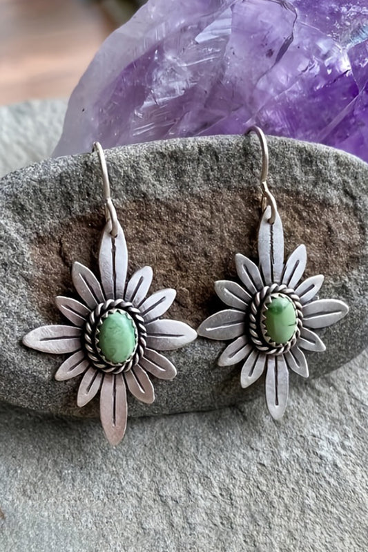 Silvery Western Turquoise Flower Shape Hook Earrings