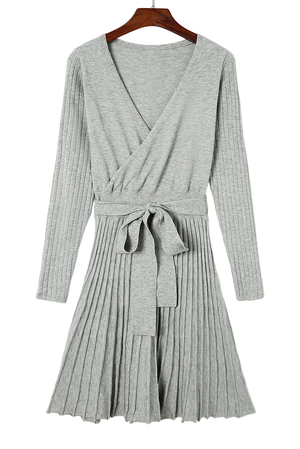 Belted V Neck Ribbed Pleated Sweater Dress | Gray