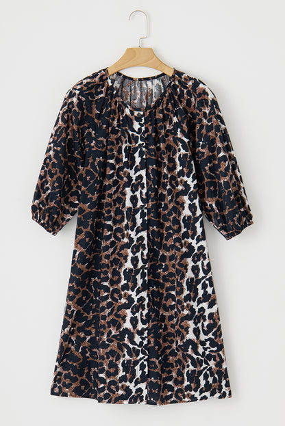 Leopard Puff Sleeve Buttons Front Shirt Dress | Black