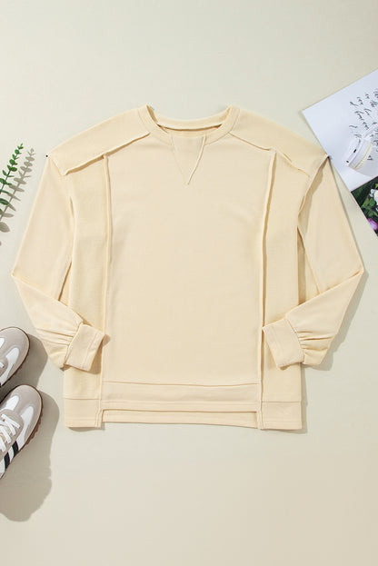 Splicing Round Neck Pullover Sweatshirt | Beige