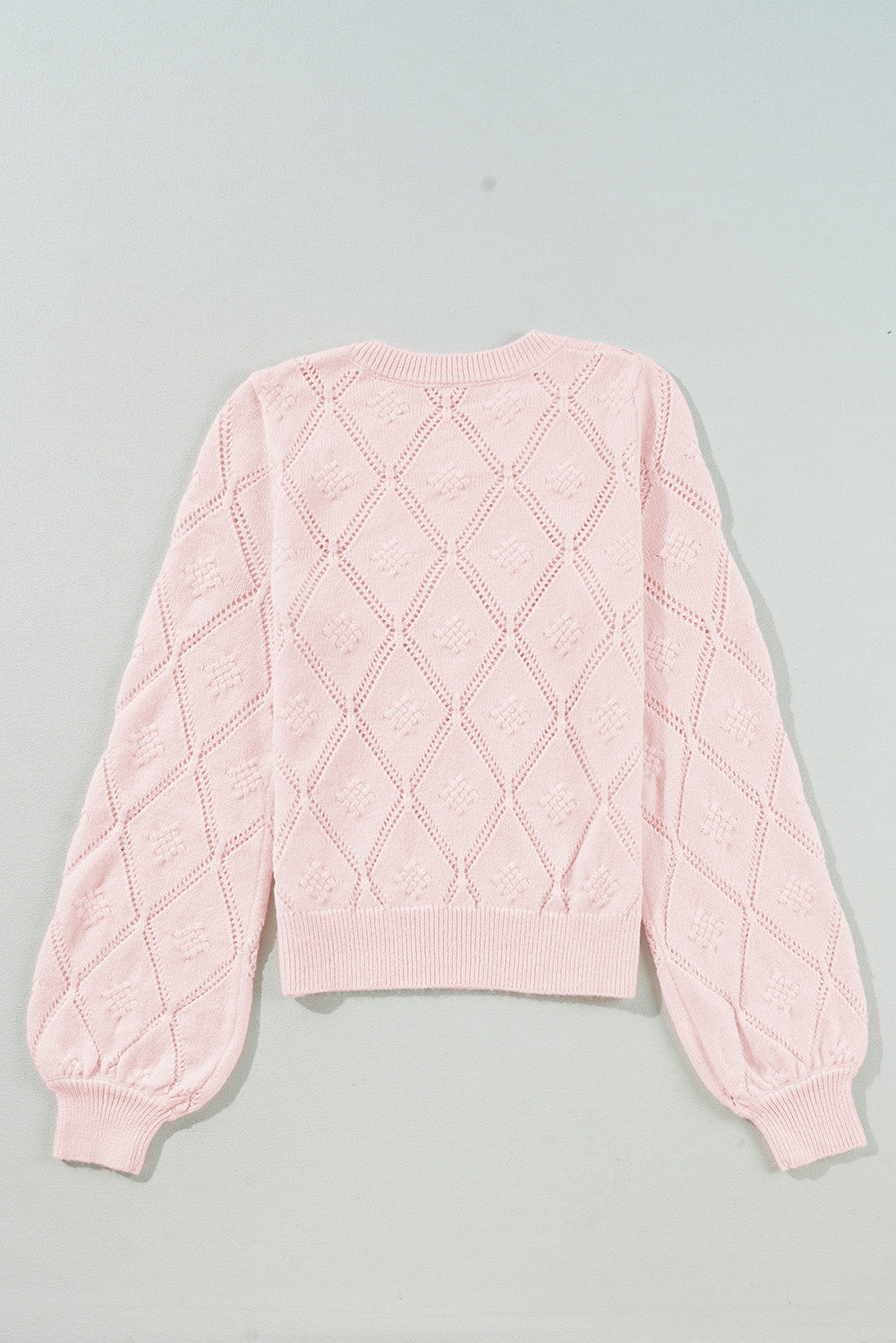 Openwork Plaid Puff Sleeve Cropped Sweater | Gossamer Pink