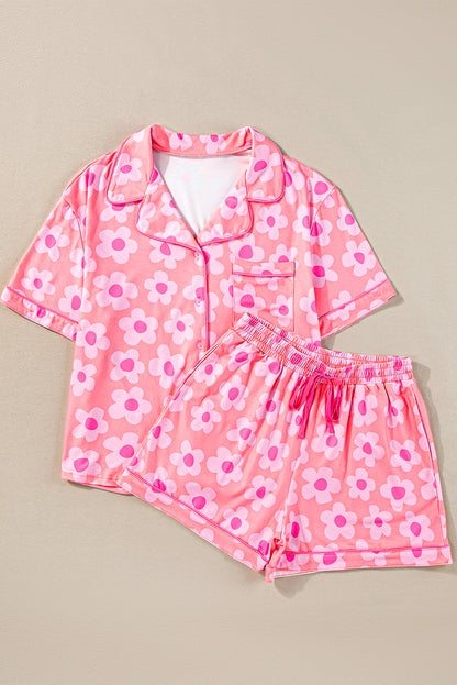 Flower Print Short Sleeve Shirt Pajamas Set | Pink