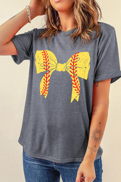 Baseball Bowknot Graphic Casual Tee | Gray