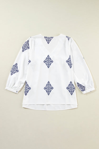 Boho Geometric Print Bracelet Sleeve V Neck Blouse | White