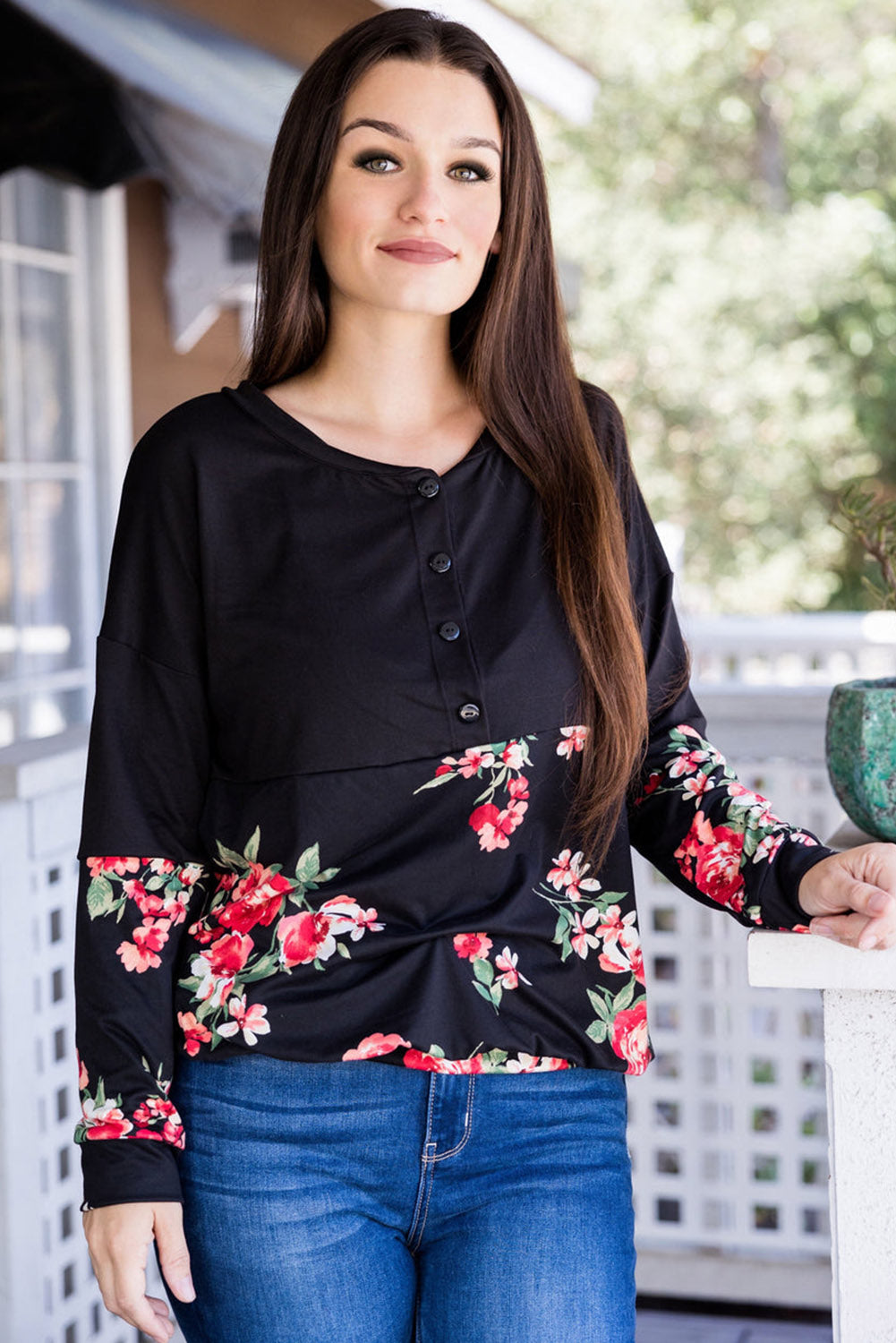 Plus Size Floral Printed Splicing Half Button Top | Black