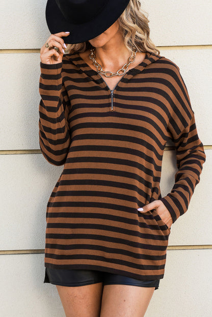 Striped Knit Quarter Zip Hoodie | Brown