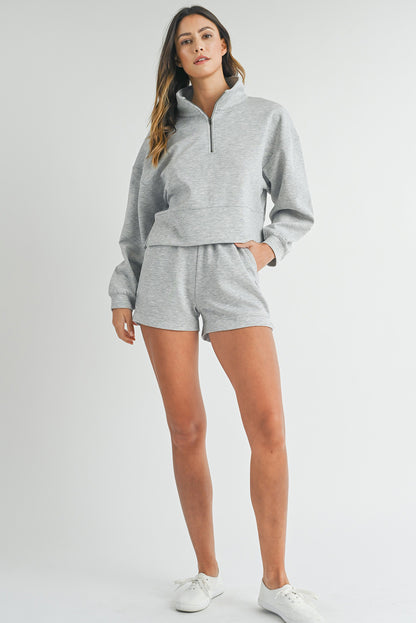 Stand Neck Zipped Sweatshirt And Shorts Set | Light Grey