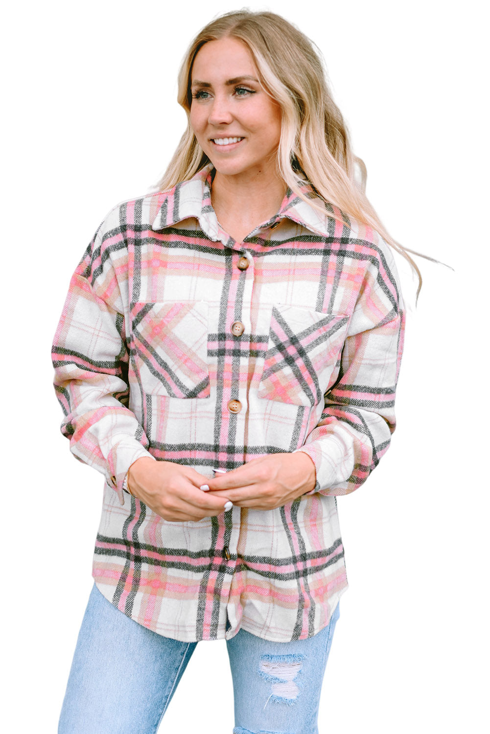 Plaid Button Front Chest Pocket Shacket | Pink