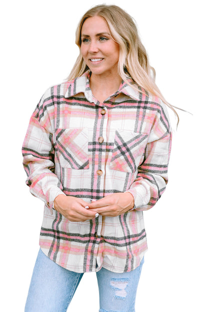 Plaid Button Front Chest Pocket Shacket | Pink