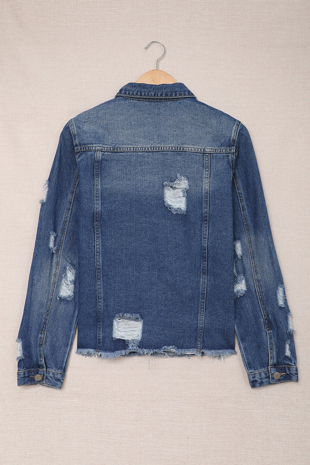 Lapel Distressed Raw Hem Buttons Denim Jacket | Blue