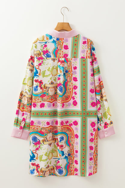 Boho Floral Print Buttoned Long Sleeve Shirt Dress | Multicolour