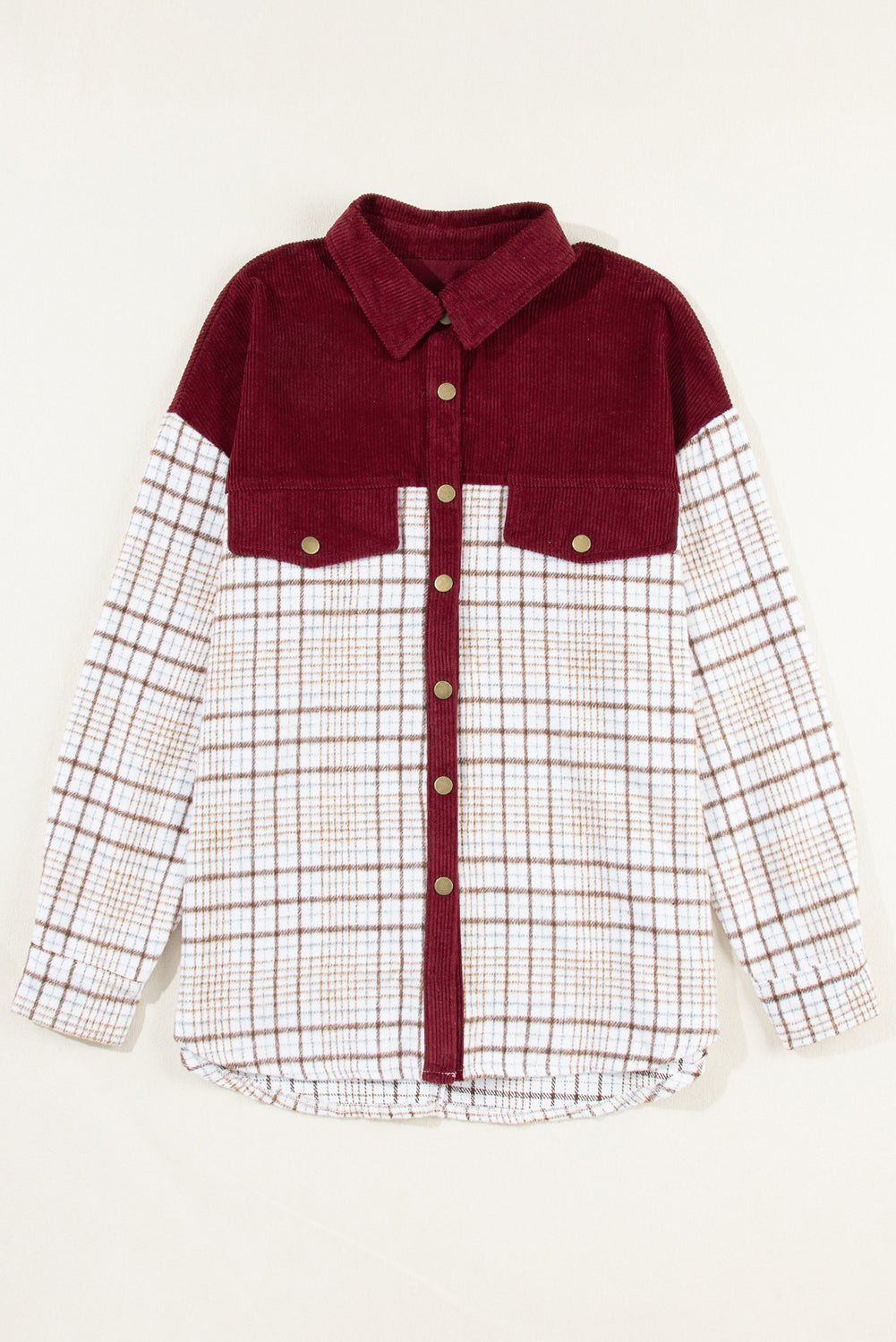 Fiery  Plaid Patchwork Button-Up Shift Shirt Jacket | Red