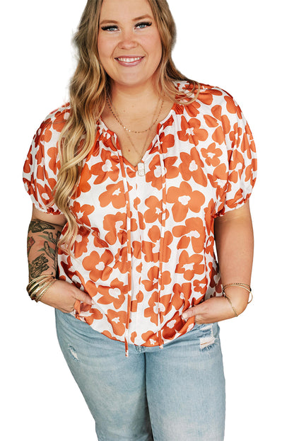 Plus Size Floral Print Drawstring V Neck Short Sleeve Blouse | Orange