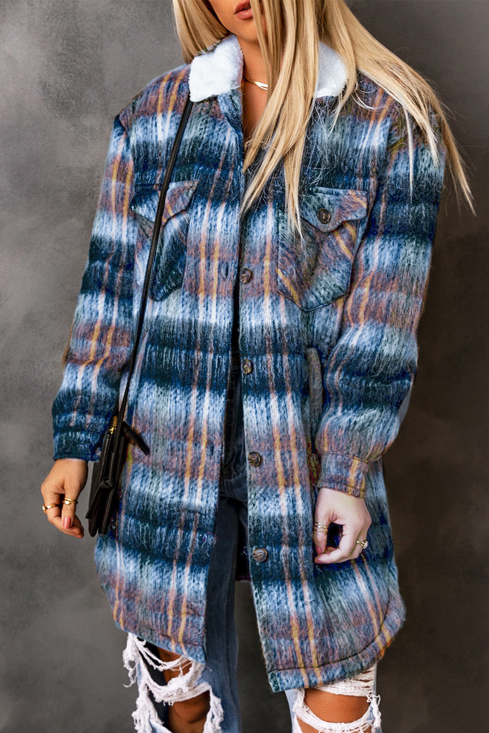 Woolen Lining Plaid Brushed Long Coat | Multicolour