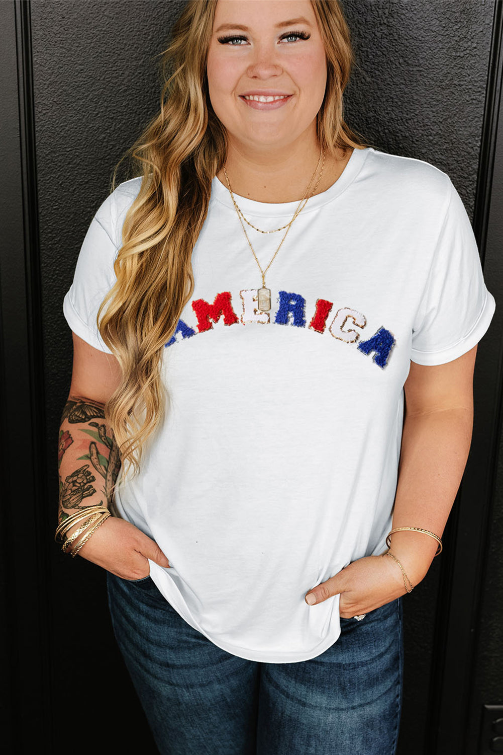 America Chenille Embroidered Plus Size T Shirt | White