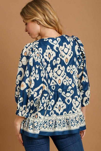 Tribal Geometric Print 3/4 Sleeve Flowy Fit Blouse | Blue