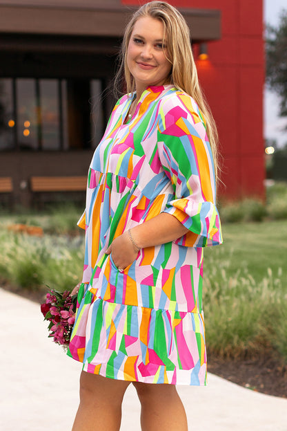 Plus Size Vibrant Abstract Print Tiered Ruffled Mini Dress | Multicolour