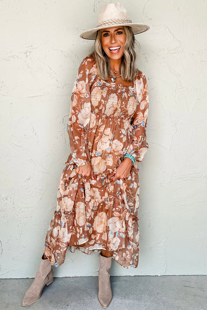 Floral Print Shirred Square Neck High Waist Maxi Dress | Brown