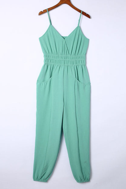 Shirred High Waist Sleeveless V Neck Jumpsuit | Green