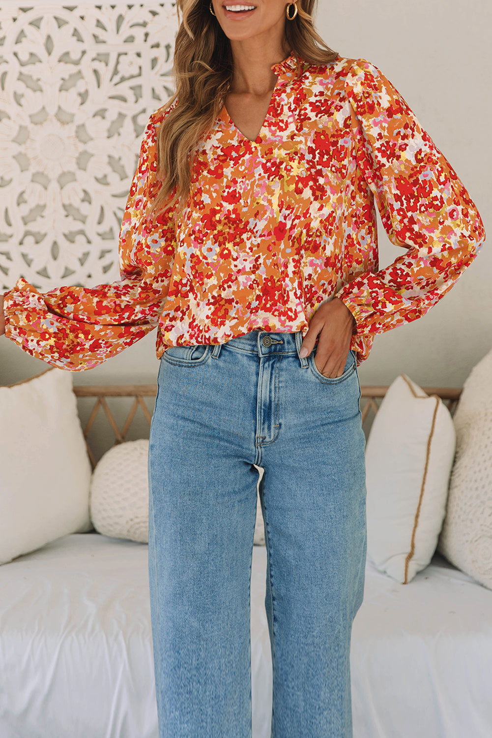 Frilled Split Neck Bubble Sleeve Floral Blouse | Grapefruit Orange